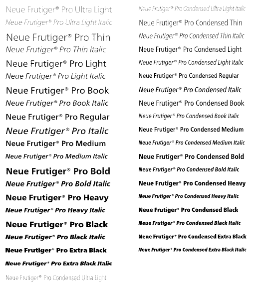Neue Frutiger Pro Complete Family weights